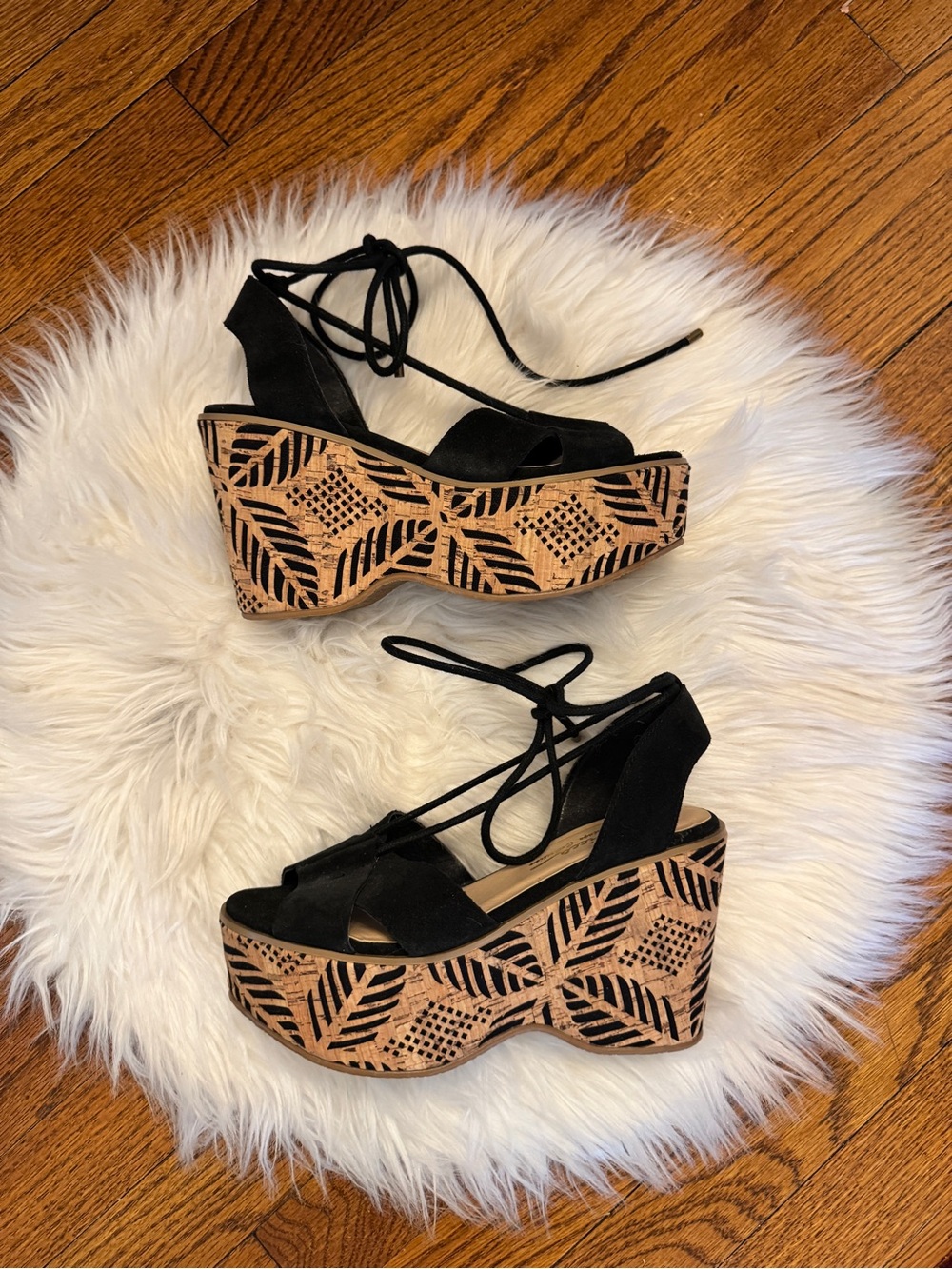 Sbicca South Moon Under Staycation Black Suede Cork Wedge Platform Heels